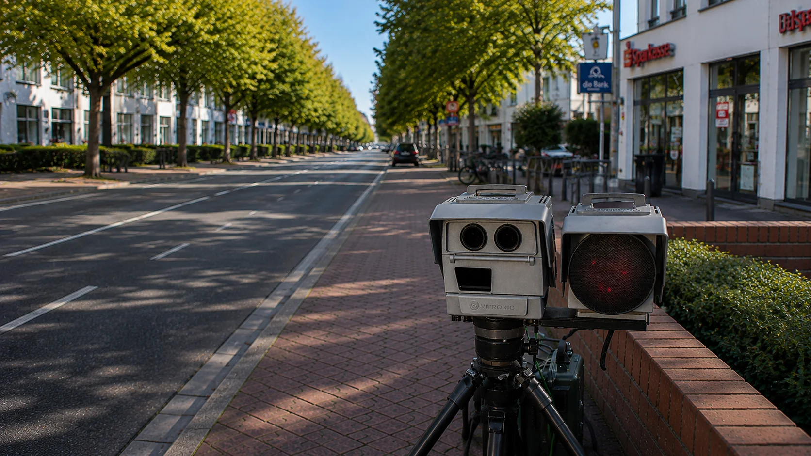 Mobiler Blitzer Vitronic PoliScan FM1 auf Stativ am Straßenrand