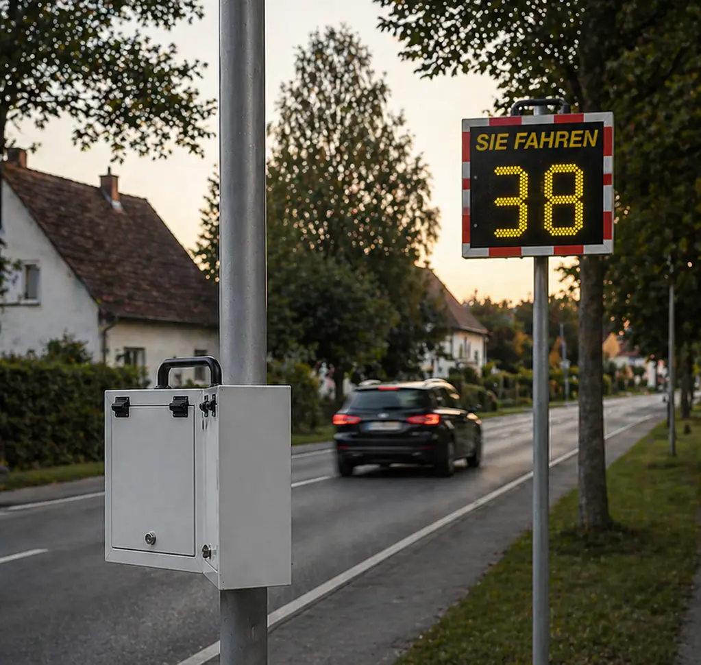 Geschwindigkeitsanzeige von Limitec zeigt 38 km/h am Straßenrand